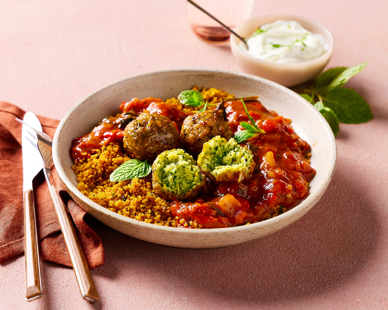Green Chickpea Falafel with Tomato Sauce and Couscous