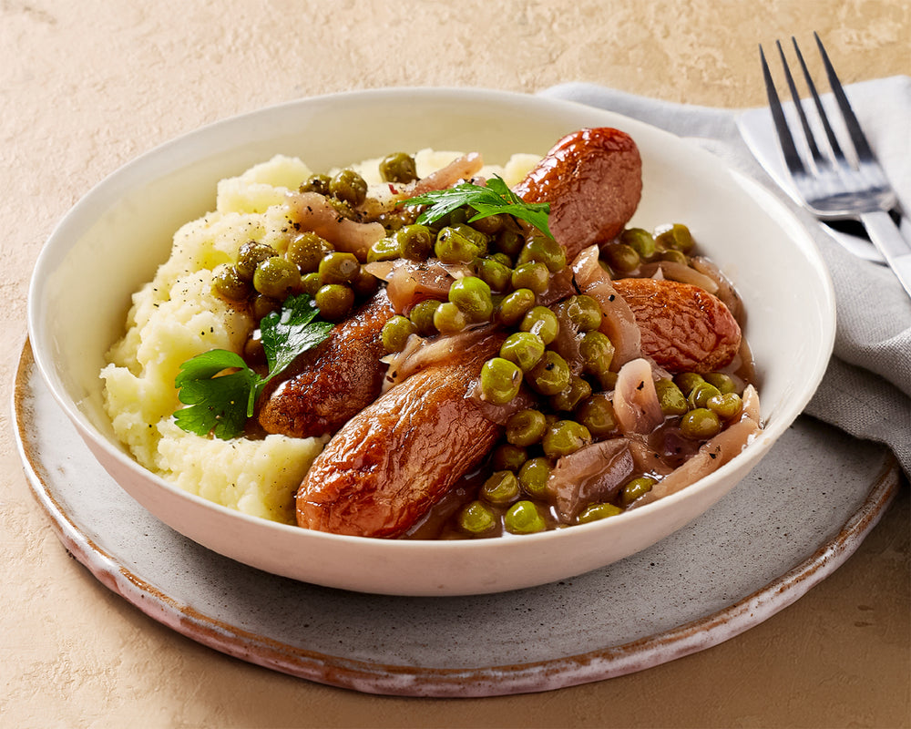 Grass Fed Beef Bangers with Mashed Potatoes and Gravy
