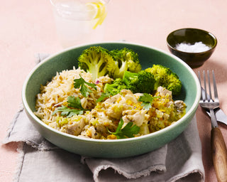 Chicken Fricassee with Broccoli and Rice Pilaf