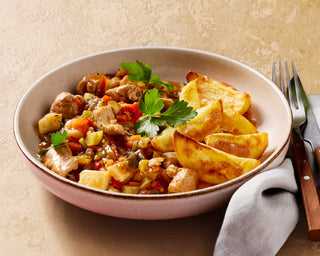 Greek Chicken and Vegetable Stew with Potato Wedges