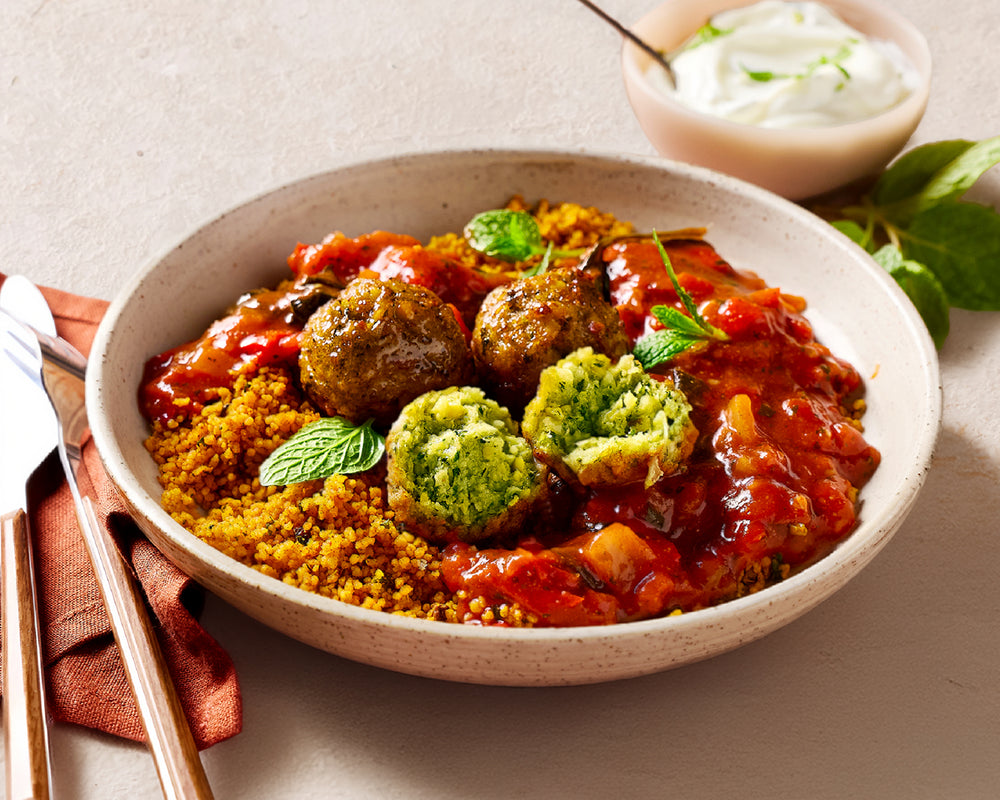 Green Chickpea Falafel with Tomato Sauce and Couscous