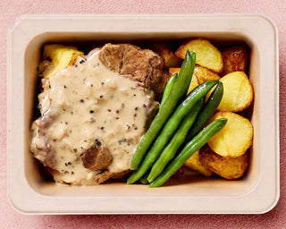 Tender Beef Fillet with Pepper Sauce Roasted Chat Potatoes and Green Beans