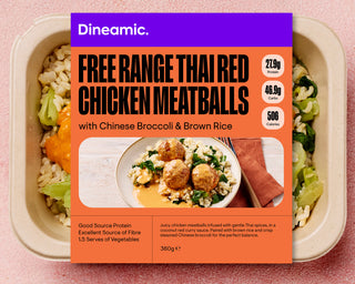Dineamic free range Thai red chicken meatballs packaging with ingredients listed.
