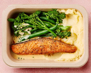 Baked Salmon with Lemon Butter Sauce, Baby Broccoli & Mashed Potato