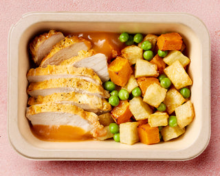 Roast Chicken with Gravy, Peas, & Golden Roast Vegetables