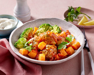 Moroccan Beef Meatballs with Sweet Potato & Broccoli