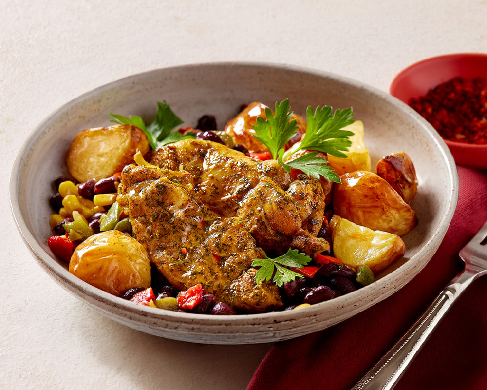 Smokey Chicken with Roasted Chat Potatoes, Corn & Black Bean Salsa