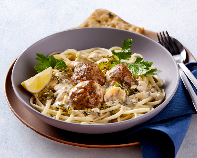 Swedish Meatballs with Spinach & Mushroom Linguine
