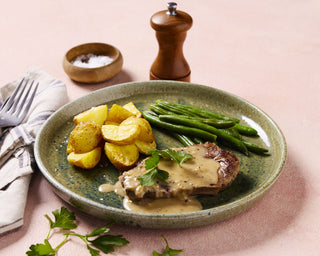 Tender Beef Fillet with Pepper Sauce Roasted Chat Potatoes and Green Beans