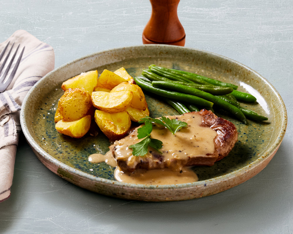 Tender Beef Fillet with Pepper Sauce Roasted Chat Potatoes and Green Beans