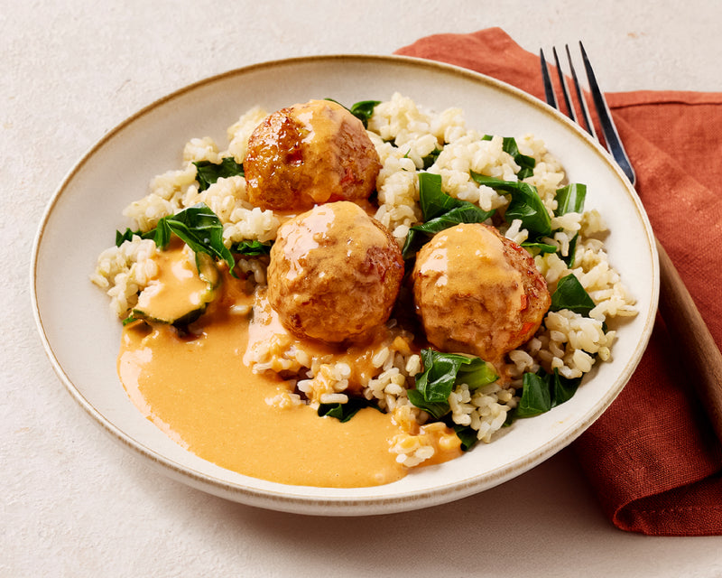 Thai Red Chicken Meatballs with Chinese Broccoli & Brown Rice