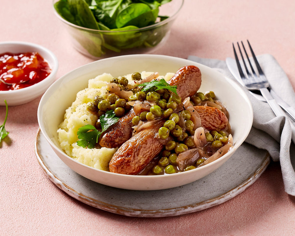 Grass Fed Beef Bangers with Mashed Potatoes and Gravy