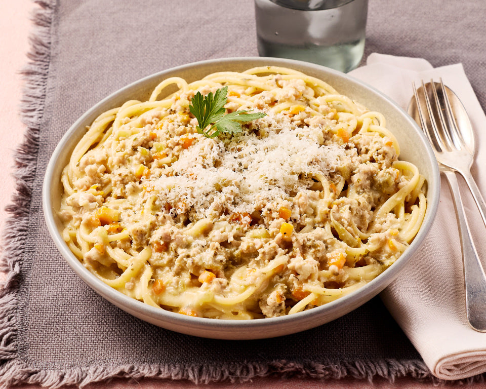 Creamy Chicken Ragu with Spaghetti & Parmesan