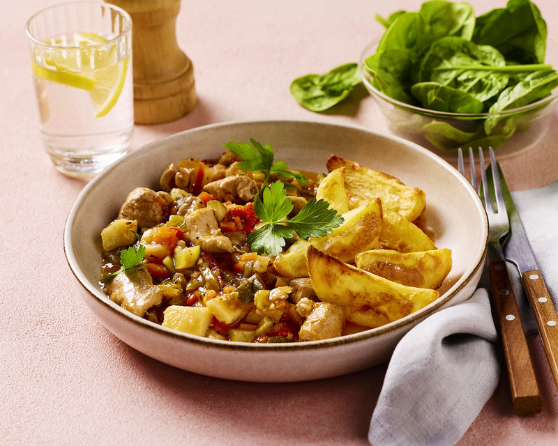 Greek Chicken and Vegetable Stew with Potato Wedges