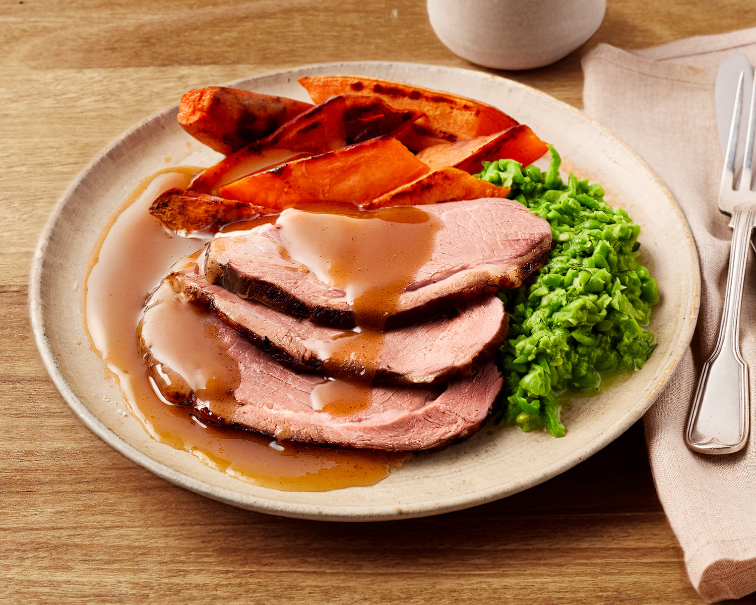 Roast Lamb with Gravy, Minted Peas & Sweet Potato