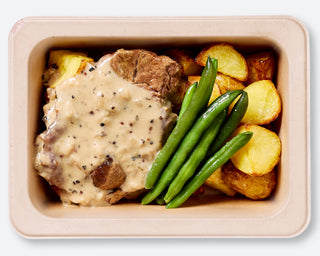 Tender Beef Fillet with Pepper Sauce Roasted Chat Potatoes and Green Beans