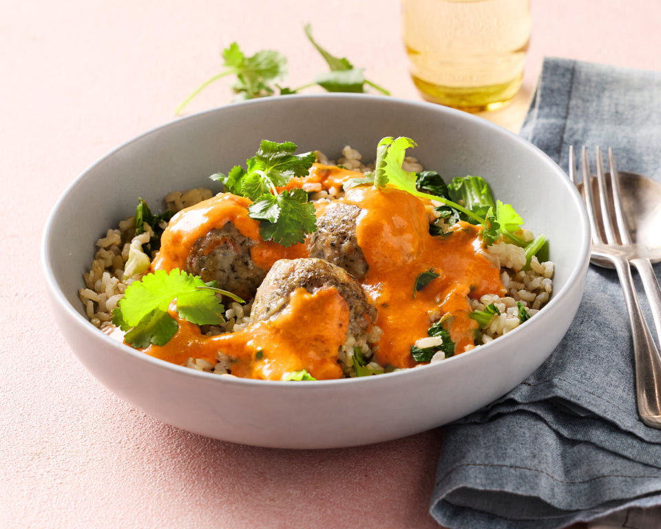 Thai Red Chicken Meatballs with Chinese Broccoli & Brown Rice