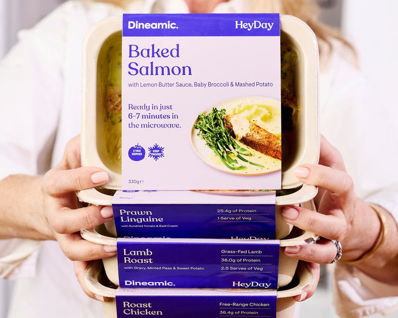 Hands holding a container of Dineamic HeyDay pre-packaged meals with labels on a white background