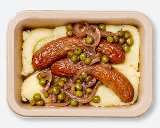 Beef Bangers with Creamy Mash, Peas & Gravy