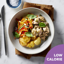  Low Calorie Lemon Caper Chicken with Potato Medley & Rainbow Slaw in a bowl