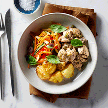  Low Calorie Lemon Caper Chicken with Potato Medley & Rainbow Slaw in a bowl